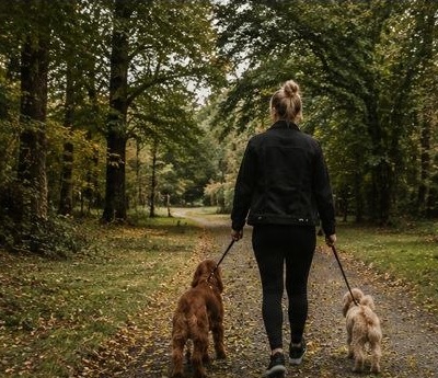 A Happy Paws dog walker walking two dogs through woodland
